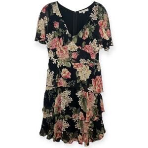 Rinascimento Black Floral Tiered Ruffle Mini Dress Made in Italy Romantic Sz S